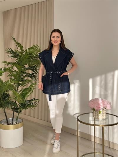 Kolları Kuşağı Zımba Detaylı Tasarım Kot Yelek Lacivert