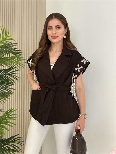 Kolları Kuşgözü İp Detaylı Kuşaklı Yelek Acı Kahve