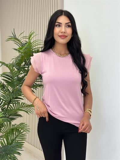 Kolları Pileli Tül Detaylı Likralı Tshirt Pembe