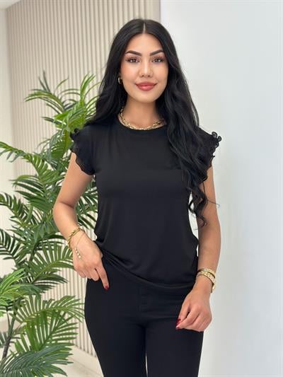 Kolları Pileli Tül Detaylı Likralı Tshirt Siyah