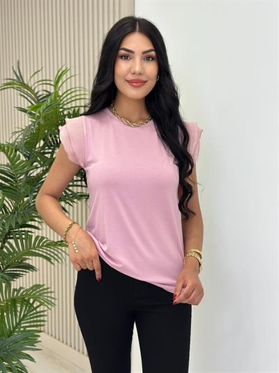 Kolları Pileli Tül Detaylı Likralı Tshirt Pembe