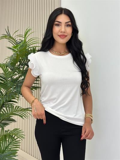 Kolları Pileli Tül Detaylı Likralı Tshirt Beyaz