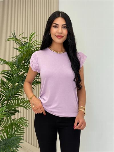 Kolları Pileli Tül Detaylı Likralı Tshirt Lila