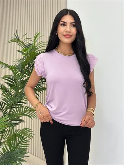 Kolları Pileli Tül Detaylı Likralı Tshirt Lila