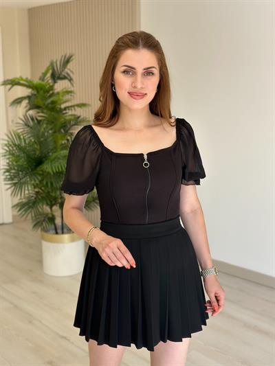 Kolları Şifon Fermuarlı Crop Siyah