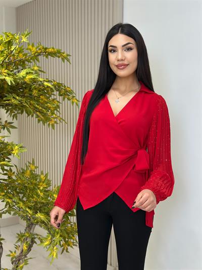 Kolları Şifon Taşlı Kruvaze Yaka Bluz Kırmızı