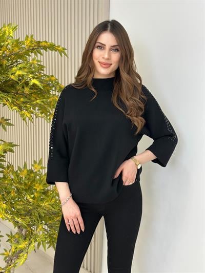Kolları Taşlı Dik Yaka Çelik Örme Kazak Siyah