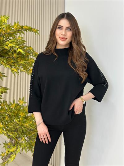 Kolları Taşlı Dik Yaka Çelik Örme Kazak Siyah
