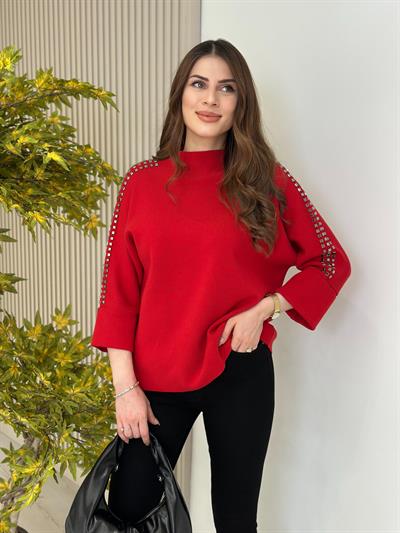 Kolları Taşlı Dik Yaka Çelik Örme Kazak Kırmızı