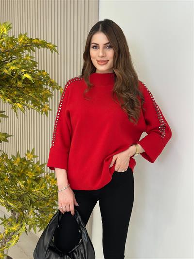 Kolları Taşlı Dik Yaka Çelik Örme Kazak Kırmızı