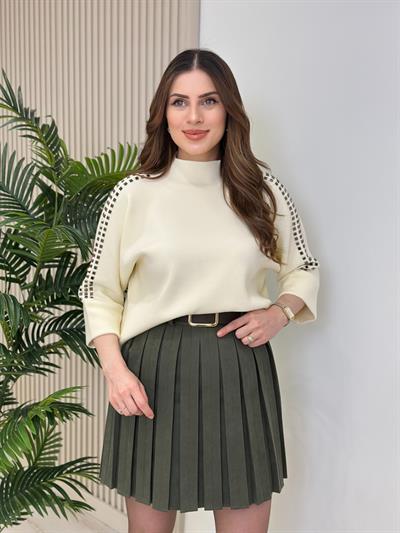 Kolları Taşlı Dik Yaka Çelik Örme Kazak Ekru
