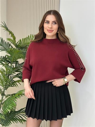 Kolları Taşlı Dik Yaka Çelik Örme Kazak Bordo