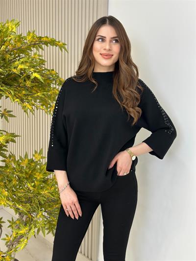 Kolları Taşlı Dik Yaka Çelik Örme Kazak Siyah