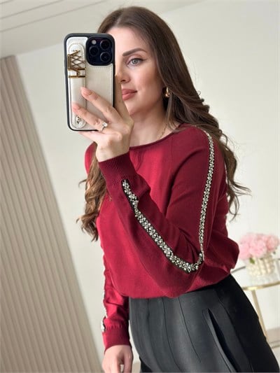 Kolları Taşlı Premium Kalite Kaşmir Dokulu Triko Bordo
