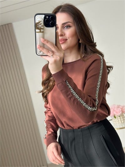 Kolları Taşlı Premium Kalite Kaşmir Dokulu Triko Kahve 