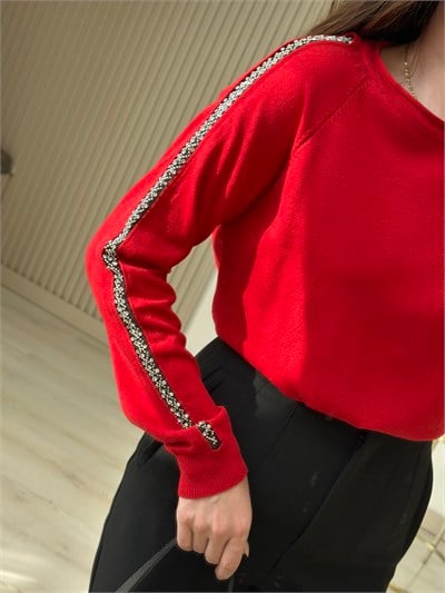 Kolları Taşlı Premium Kalite Kaşmir Dokulu Triko Kırmızı