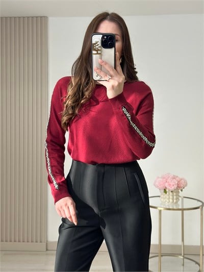 Kolları Taşlı Premium Kalite Kaşmir Dokulu Triko Bordo