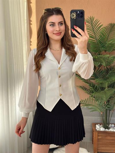 Kolları Tül Gold Düğmeli Tasarım Bluz Beyaz