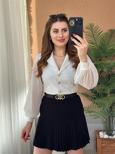 Kolları Tül Gold Düğmeli Tasarım Bluz Beyaz