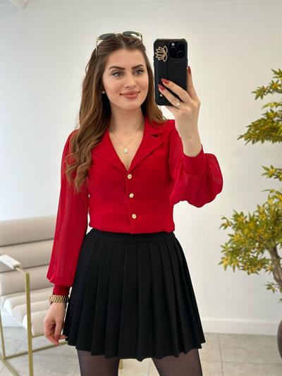 Kolları Tül Gold Düğmeli Tasarım Bluz Kırmızı