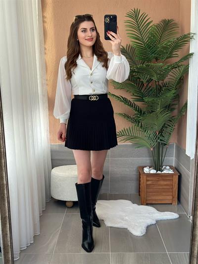 Kolları Tül Gold Düğmeli Tasarım Bluz Beyaz