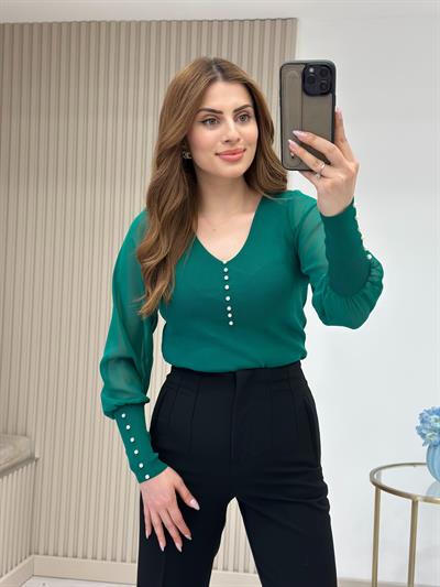 Kolları Ve Yakası İncili Özel Premium Kalite Triko Zümrüt Yeşili