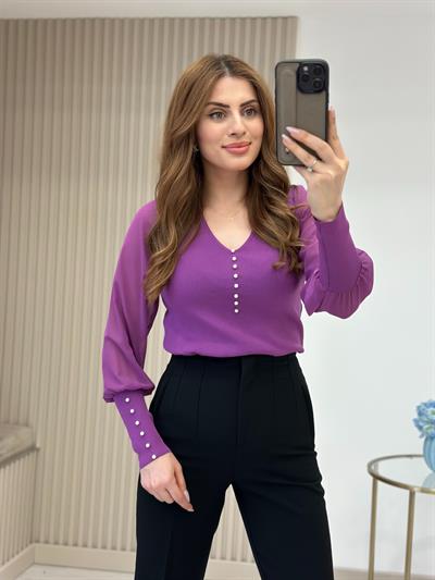 Kolları Ve Yakası İncili Özel Premium Kalite Triko Mor