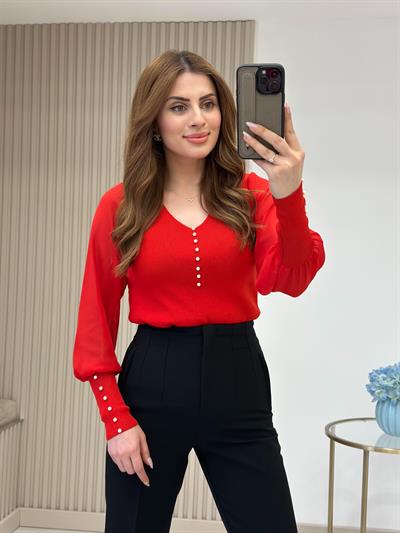 Kolları Ve Yakası İncili Özel Premium Kalite Triko Kırmızı