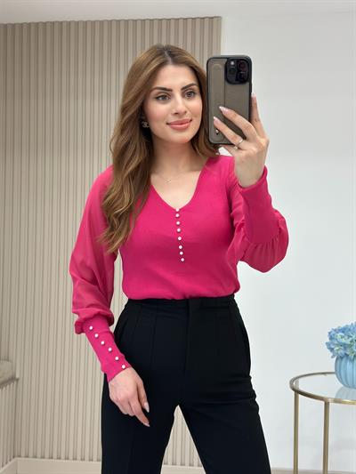 Kolları Ve Yakası İncili Özel Premium Kalite Triko Fuşya