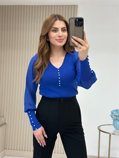 Kolları Ve Yakası İncili Özel Premium Kalite Triko Mavi