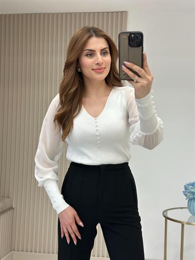 Kolları Ve Yakası İncili Özel Premium Kalite Triko Beyaz