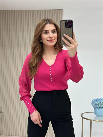 Kolları Ve Yakası İncili Özel Premium Kalite Triko Fuşya