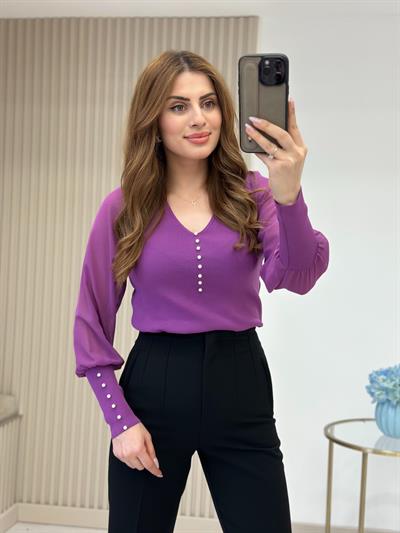 Kolları Ve Yakası İncili Özel Premium Kalite Triko Mor