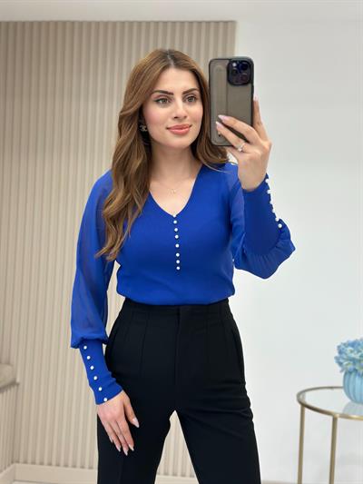 Kolları Ve Yakası İncili Özel Premium Kalite Triko Mavi