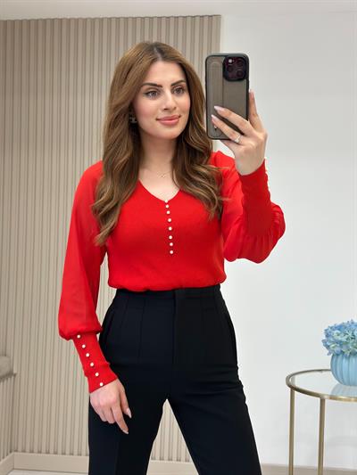 Kolları Ve Yakası İncili Özel Premium Kalite Triko Kırmızı