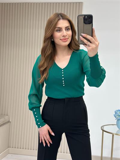 Kolları Ve Yakası İncili Özel Premium Kalite Triko Zümrüt Yeşili