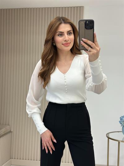 Kolları Ve Yakası İncili Özel Premium Kalite Triko Beyaz