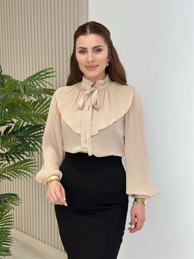 Kolları Ve Yakası Piliseli Hakim Yaka Gömlek Bej