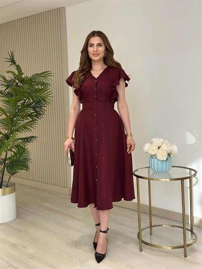 Kolları Volanlı Kemerli Gömlek Elbise Bordo