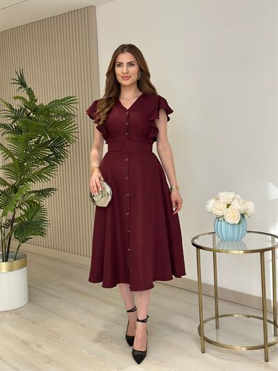 Kolları Volanlı Kemerli Gömlek Elbise Bordo