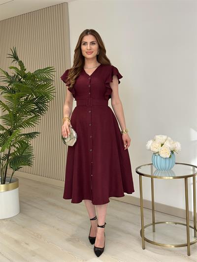 Kolları Volanlı Kemerli Gömlek Elbise Bordo