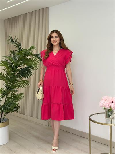 Kolları Volanlı Beli Gipeli Keten Elbise Fuşya