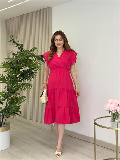 Kolları Volanlı Beli Gipeli Keten Elbise Fuşya