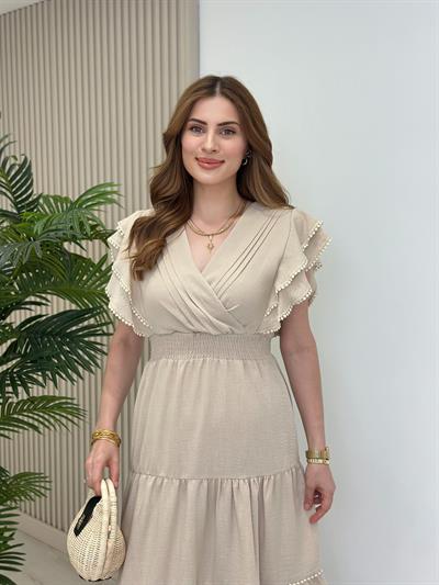 Kolları Volanlı Beli Gipeli Keten Elbise Bej