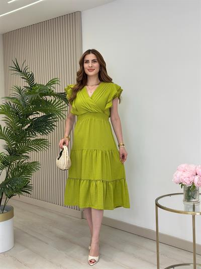 Kolları Volanlı Beli Gipeli Keten Elbise Yağ Yeşili