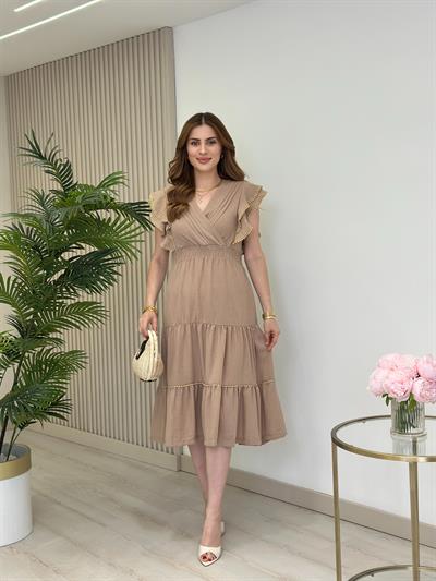 Kolları Volanlı Beli Gipeli Keten Elbise Camel