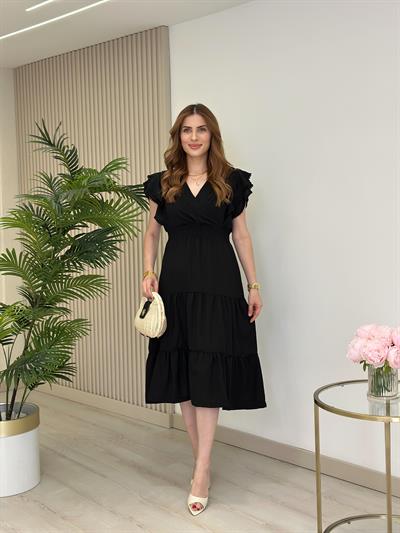 Kolları Volanlı Beli Gipeli Keten Elbise Siyah