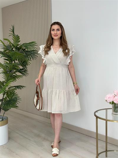 Kolları Volanlı Fistolu Naturel Keten Elbise