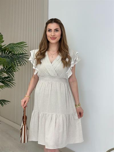 Kolları Volanlı Fistolu Naturel Keten Elbise