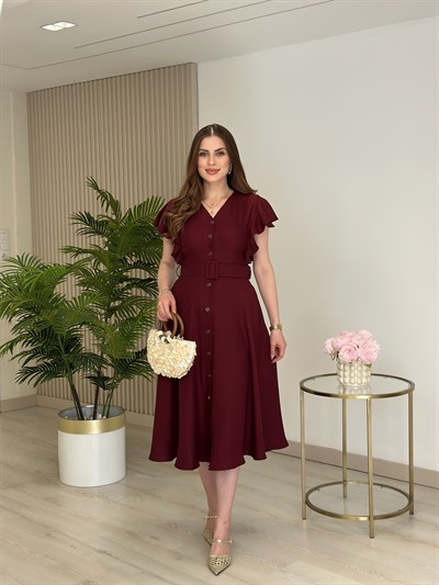 Kolları Volanlı Kemerli Elbise Bordo